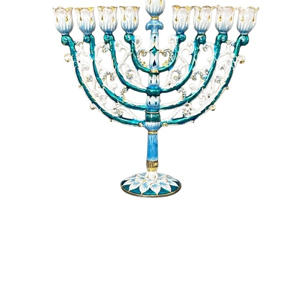 Menorah Hanukkah  Hand Painted Brass Enamel  NWB 6” By 6” Blue Teal Gold - Picture 8 of 16